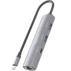 Hub USB Tipo-C Aisens ASUC-4P038-GR/ 1xUSB Tipo-C/ 2xUSB/ 1xRJ45/ Gris