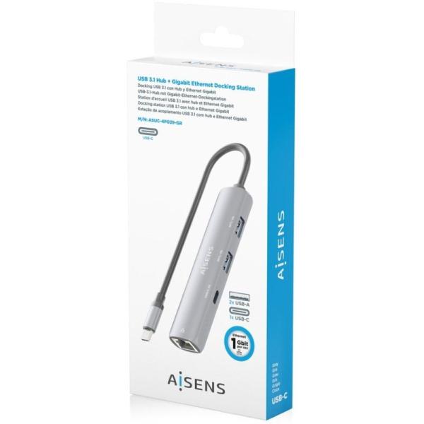 Hub USB Tipo-C Aisens ASUC-4P038-GR/ 1xUSB Tipo-C/ 2xUSB/ 1xRJ45/ Gris