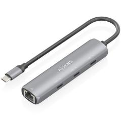 Hub USB Tipo-C Aisens ASUC-4P041-GR/ 3xUSB Tipo-C/ 1xRJ45/ Gris