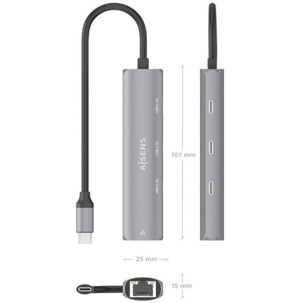 Hub USB Tipo-C Aisens ASUC-4P041-GR/ 3xUSB Tipo-C/ 1xRJ45/ Gris