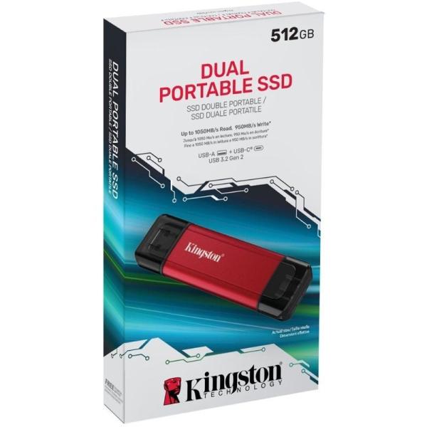 Disco Externo SSD Kingston Dual Portable SSD 512GB/ USB Tipo-C y USB 3.2/ Rojo