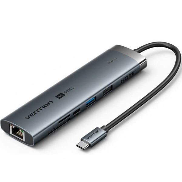 Docking USB Tipo-C Vention TGUHB/ RJ45/ 2xUSB/ 1xUSB Tipo-C/ 1xHDMI/ 1xUSB Tipo-C PD/ 1xLector de Tarjetas/ Gris