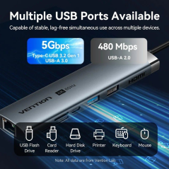 Docking USB Tipo-C Vention TGUHB/ RJ45/ 2xUSB/ 1xUSB Tipo-C/ 1xHDMI/ 1xUSB Tipo-C PD/ 1xLector de Tarjetas/ Gris