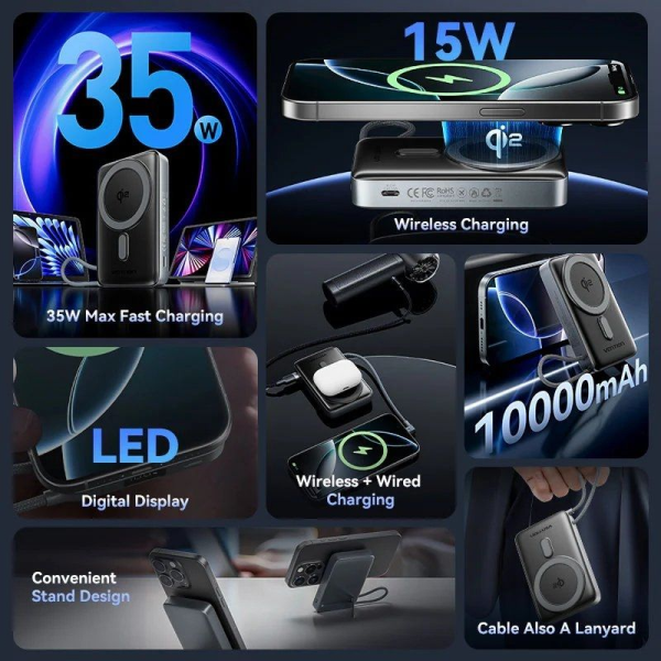 Powerbank 10000mAh Vention FKHH0/ 35W/ Wireless/ Gris/ Incluye Cable USB TIpo-C