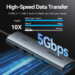 Hub USB 3.0 Vention TGXHB/ 1xUSB Tipo-C/ 3xUSB/ 1xUSB Tipo-C PD/ Gris