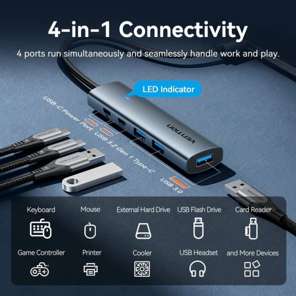 Hub USB 3.0 Vention TGXHB/ 1xUSB Tipo-C/ 3xUSB/ 1xUSB Tipo-C PD/ Gris