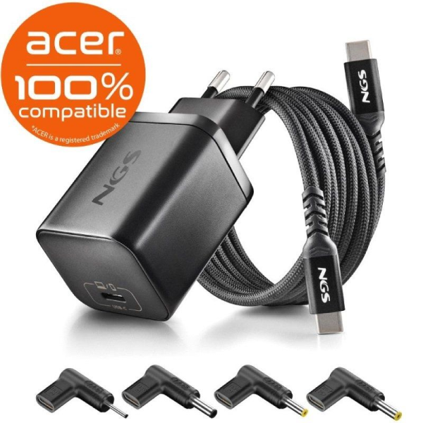 Cargador de Portátil NGS BUD65W-AC para Acer/ 1xUSB Tipo-C/ 65W/ Automático/ 4 Conectores/ Voltaje 5-20V
