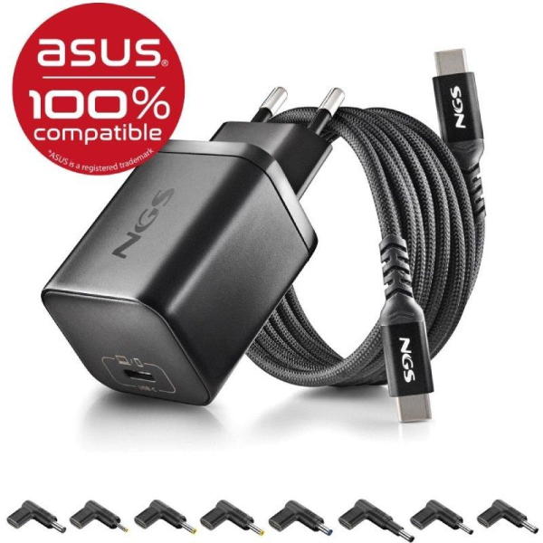 Cargador de Portátil NGS BUD65W-AS para Asus/ 1xUSB Tipo-C/ 65W/ Automático/ 8 Conectores/ Voltaje 5-20V