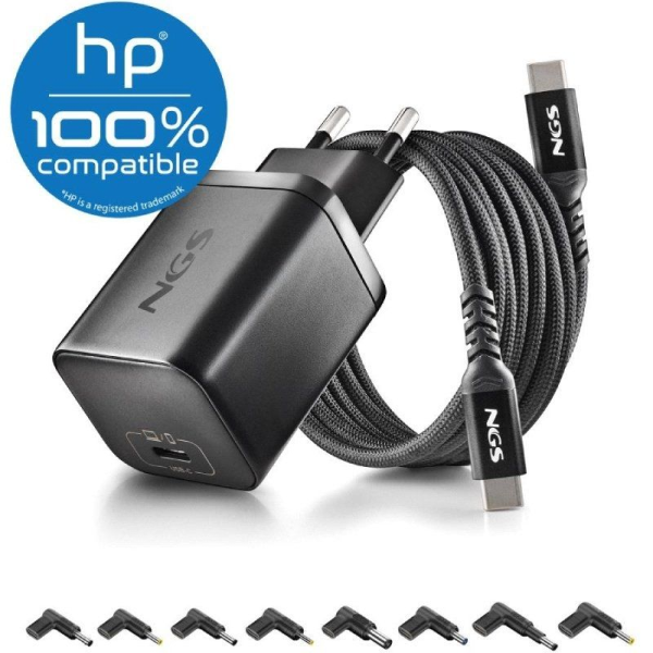 Cargador de Portátil NGS BUD65W-H para HP/ 1xUSB Tipo-C/ 65W/ Automático/ 8 Conectores/ Voltaje 5-20V