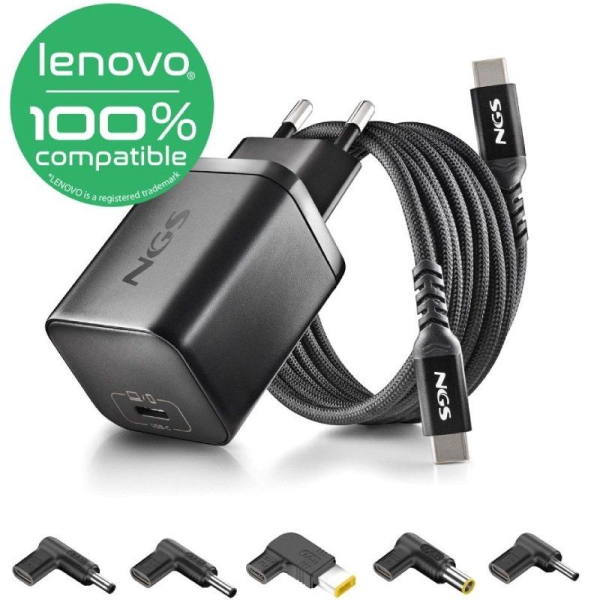 Cargador de Portátil NGS BUD65W-L para Lenovo/ 1xUSB Tipo-C/ 65W/ Automático/ 5 Conectores/ Voltaje 5-20V