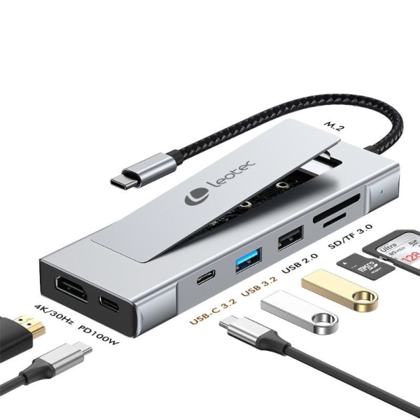 Docking USB Tipo-C Leotec LEDS07/ Ranura SSD M.2/ 2xUSB/ 1xUSB Tipo-C/ 1xHDMI 4K/ 1xLector Tarjetas SD y MicroSD/ 1xUSB Tipo-C P