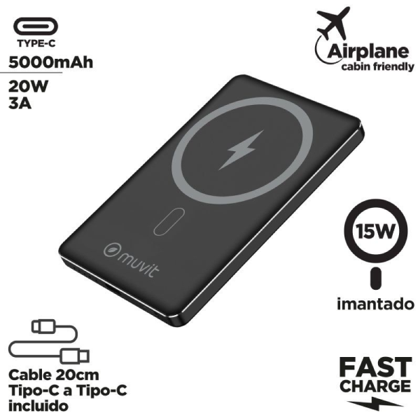 Powerbank 5000mAh Muvit For Change MCCHP0009/ 20W/ Wireless/ Negra/ Incluye Cable USB Tipo-C
