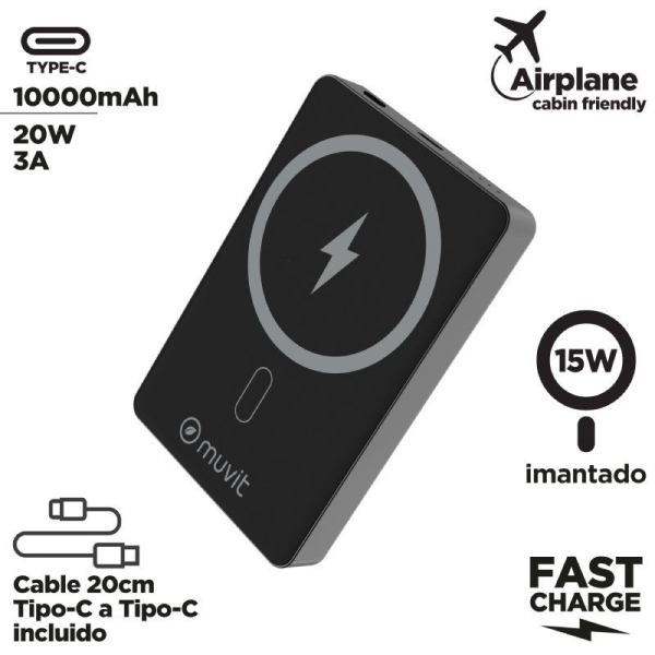 Powerbank 10000mAh Muvit For Change MCCHP0010/ 20W/ Wireless/ Negra/ Incluye Cable USB Tipo-C