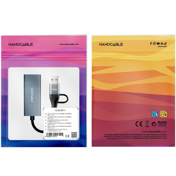 Adaptador USB Macho + USB Tipo-C Macho - RJ45 Nanocable 10.03.0411/ 1000Mbps