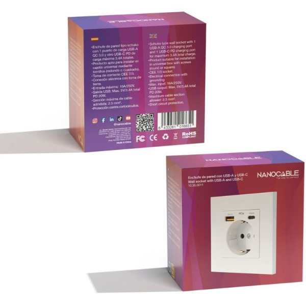Roseta de Pared Nanocable 10 35 0011/ 1 Schuko/ 1 USB Tipo-C/ 1 USB