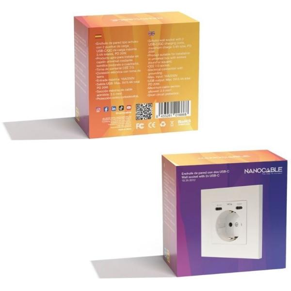 Roseta de Pared Nanocable 10 35 0012/ 1 Schuko/ 2 USB