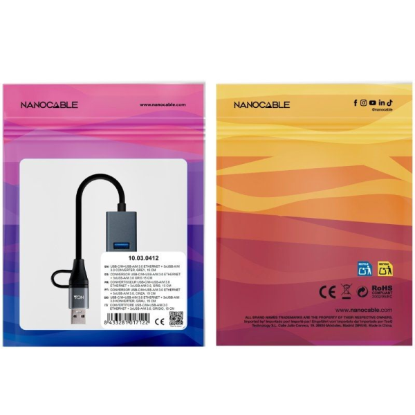 Hub USB + USB Tipo-C 3.0 Nanocable 10.03.0412/ 3xUSB/ 1xRJ45/ Gris