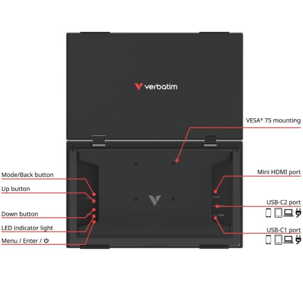Monitor Portátil Táctil Verbatim Duo Essentials 15.6' + 15.6'/ Full HD/ Multimedia/ Negro