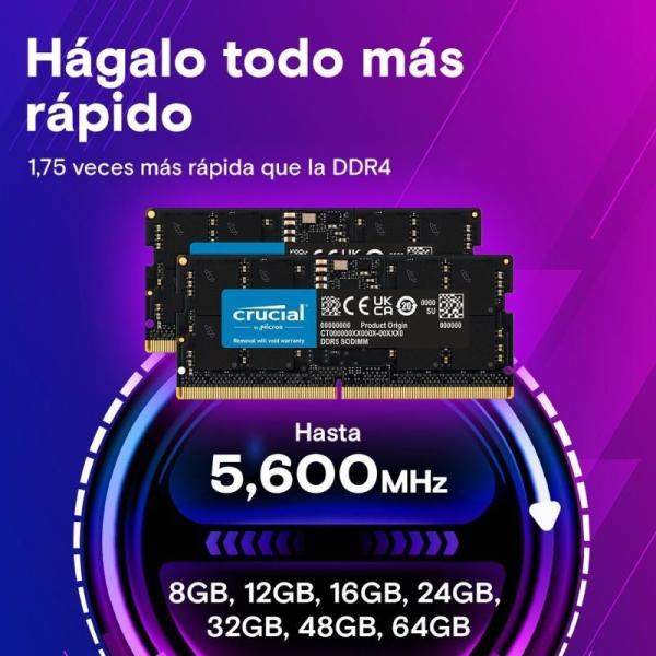 Memoria RAM Crucial 16GB/ DDR5/ 4800MHz/ 1.1V/ CL40/ SODIMM