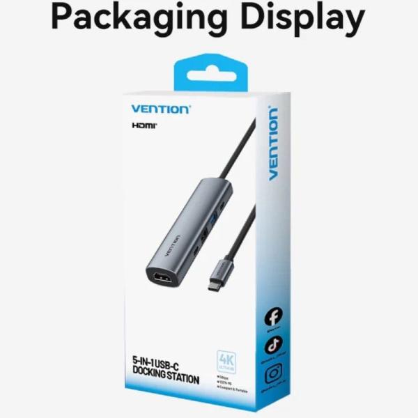 Docking USB Tipo-C Vention TGLHB/ 1xUSB Tipo-C/ 2xUSB/ 1xHDMI 4K/ 1xUSB Tipo-C PD/ Gris