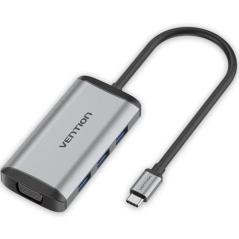 Docking USB Tipo-C Vention TGSHB/ 3xUSB/ 1xHDMI 4K/ 1xVGA/ 1xUSB Tipo-C PD/ Gris