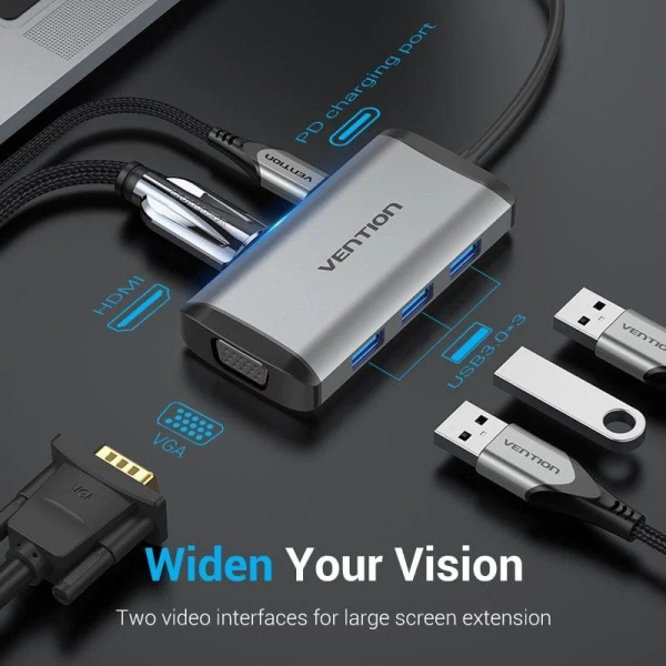 Docking USB Tipo-C Vention TGSHB/ 3xUSB/ 1xHDMI 4K/ 1xVGA/ 1xUSB Tipo-C PD/ Gris