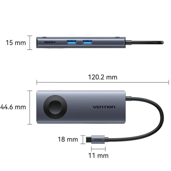 Docking USB Tipo-C con Carga Inalámbrica Vention TPMHB/ 1xHDMI 4K/ 2xUSB/ 1xUSB Tipo-C/ 1xUSB Tipo-C PD/ Gris