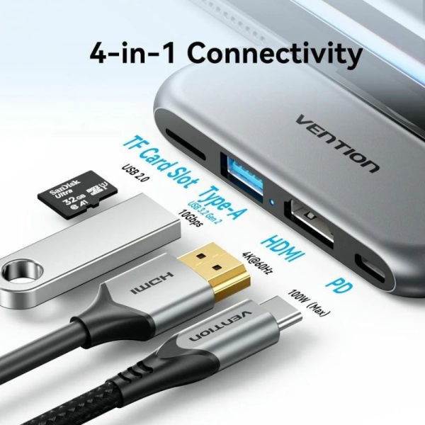 Docking Sin Cables USB Tipo-C Vention THYH0/ 1xUSB/ 1xHDMI/ 1xUSB Tipo-C PD/ 1xLector de Tarjetas/ Gris