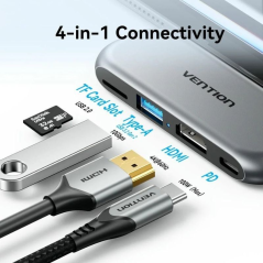Docking Sin Cables USB Tipo-C Vention THYH0/ 1xUSB/ 1xHDMI/ 1xUSB Tipo-C PD/ 1xLector de Tarjetas/ Gris