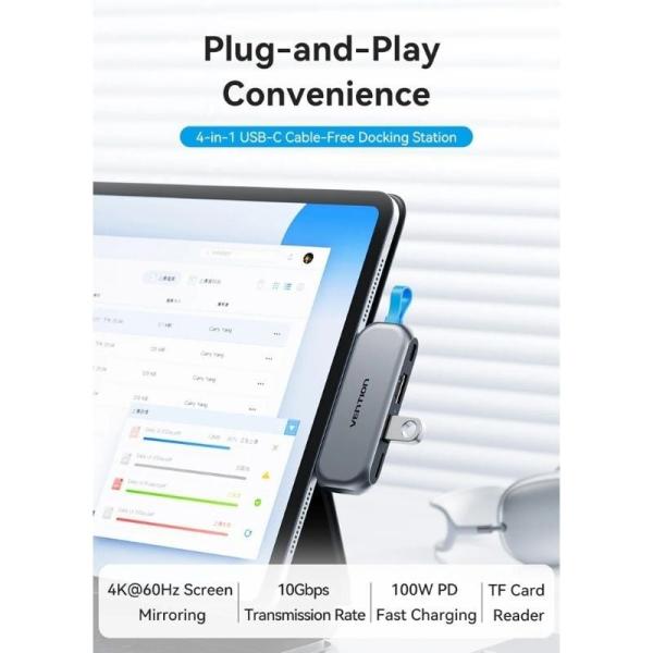 Docking Sin Cables USB Tipo-C Vention THYH0/ 1xUSB/ 1xHDMI/ 1xUSB Tipo-C PD/ 1xLector de Tarjetas/ Gris