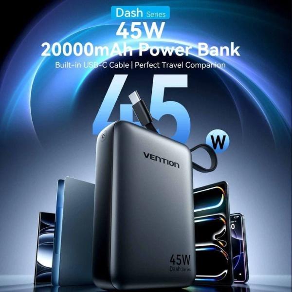 Powerbank 20000mAh Vention FHGH0/ 45W/ Gris/ Incluye Cable USB Tipo-C