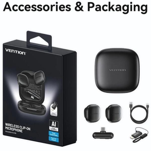 Micrófono Inalámbrico con Clip Vention Lavalier NCDB0/ USB Tipo-C/ Lightning/ Incluye Receptor/ 2 unidades