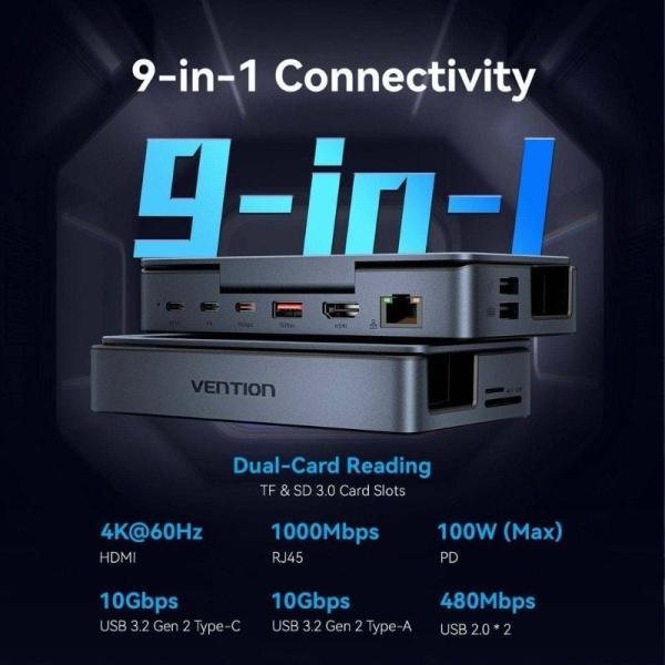 Docking USB Tipo-C para Steam Deck / Switch Vention TPZH0/ 2xHDMI 4K/ 3xUSB/ 1xUSB Tipo-C/ 1xUSB Tipo-C PD/ 1xRJ45/ 1xLector Tar