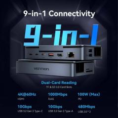 Docking USB Tipo-C para Steam Deck / Switch Vention TPZH0/ 2xHDMI 4K/ 3xUSB/ 1xUSB Tipo-C/ 1xUSB Tipo-C PD/ 1xRJ45/ 1xLector Tar