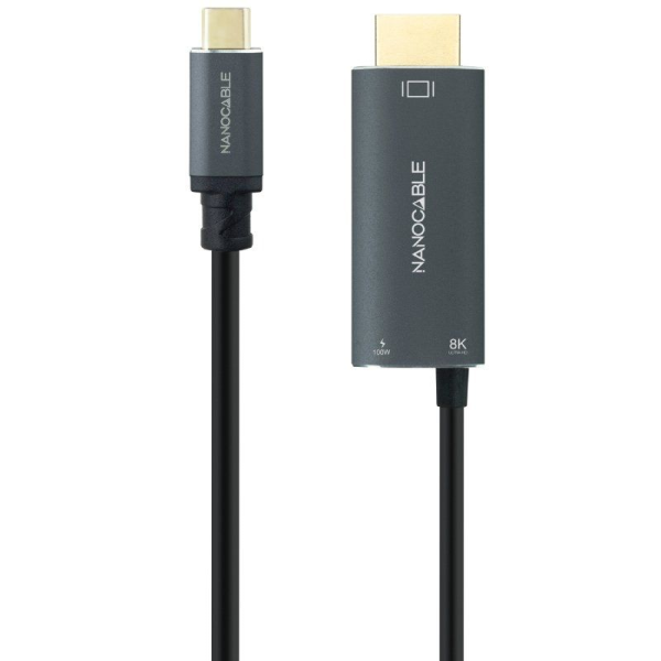 Cable Conversor Nanocable 10.15.5182/ USB Tipo-C Macho - HDMI 8K Macho/ USB Tipo-C Hembra/ Hasta 100W/ 1.8m/ Negro