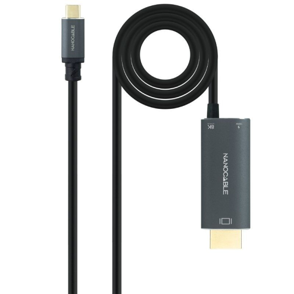Cable Conversor Nanocable 10.15.5182/ USB Tipo-C Macho - HDMI 8K Macho/ USB Tipo-C Hembra/ Hasta 100W/ 1.8m/ Negro