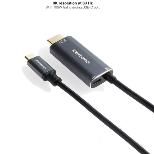 Cable Conversor Nanocable 10.15.5182/ USB Tipo-C Macho - HDMI 8K Macho/ USB Tipo-C Hembra/ Hasta 100W/ 1.8m/ Negro