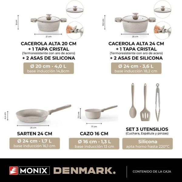 Pack Batería de Cocina Monix Denmark/ Cazo Ø16cm/ Sarten Ø24cm/ Cacerolas Ø20 - 24cm/ Aluminio Fundido/ Apta para Inducción