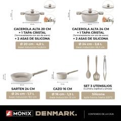 Pack Batería de Cocina Monix Denmark/ Cazo Ø16cm/ Sarten Ø24cm/ Cacerolas Ø20 - 24cm/ Aluminio Fundido/ Apta para Inducción