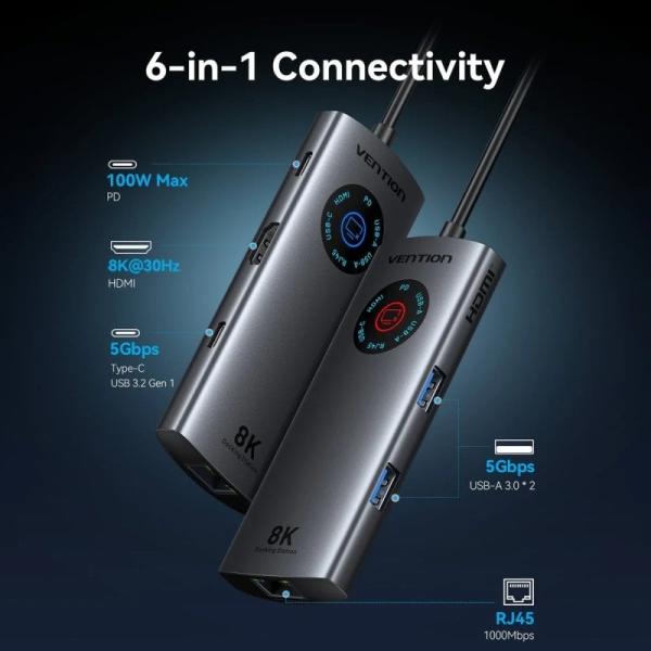 Docking USB Tipo-C Vention TQZHB/ RJ45/ 2xUSB/ 1xUSB Tipo-C/ 1xHDMI/ 1xUSB Tipo-C PD/ Gris