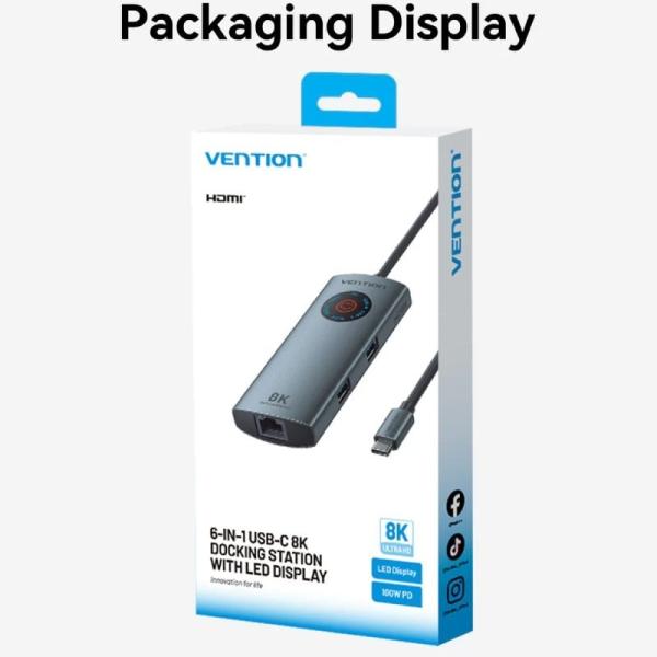Docking USB Tipo-C Vention TQZHB/ RJ45/ 2xUSB/ 1xUSB Tipo-C/ 1xHDMI/ 1xUSB Tipo-C PD/ Gris