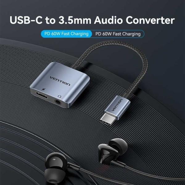 Adaptador Audio Vention BIGHA/ USB Tipo-C Macho - Jack 3.5 Hembra/ USB Tipo-C PD Hembra/ Gris