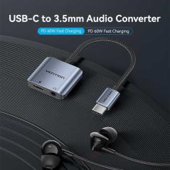 Adaptador Audio Vention BIGHA/ USB Tipo-C Macho - Jack 3.5 Hembra/ USB Tipo-C PD Hembra/ Gris