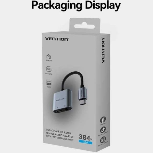 Adaptador Audio Vention BIGHA/ USB Tipo-C Macho - Jack 3.5 Hembra/ USB Tipo-C PD Hembra/ Gris