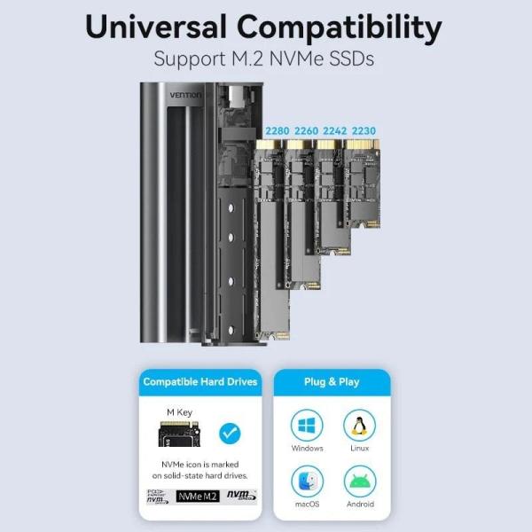 Caja Externa para Disco SSD M.2 NVMe Vention KPKH0/ USB Tipo-C 3.1/ Sin tornillos