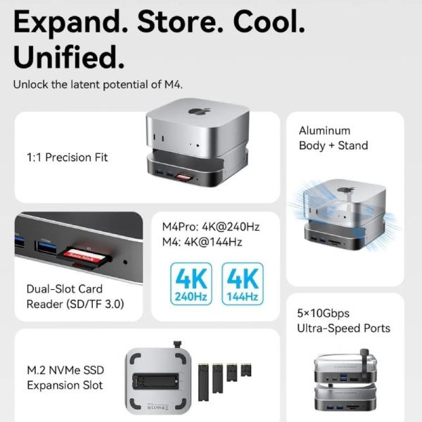 Docking para Mac Mini USB Tipo-C Vention THIHAG/ Ranura SSD M.2/ 4xUSB/ 1xUSB Tipo-C/ 1xDisplayPort 4K/ 1xLector Tarjetas/ 1xJac