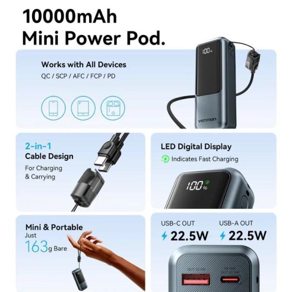 Powerbank 10000mAh Vention FKOH0/ 22.5W/ Gris