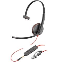Auricular Poly Blackwire 3215 + Adaptador USB-C/A/ con Micrófono/ Jack 3.5mm/ Negro