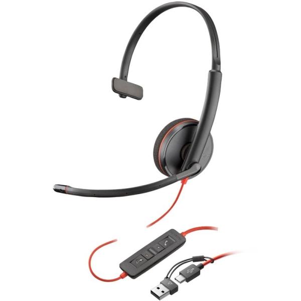 Auricular Poly Blackwire 3210 + Adaptador USB-C/A/ con Micrófono/ USB Tipo-C/ Negro