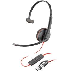 Auricular Poly Blackwire 3210 + Adaptador USB-C/A/ con Micrófono/ USB Tipo-C/ Negro